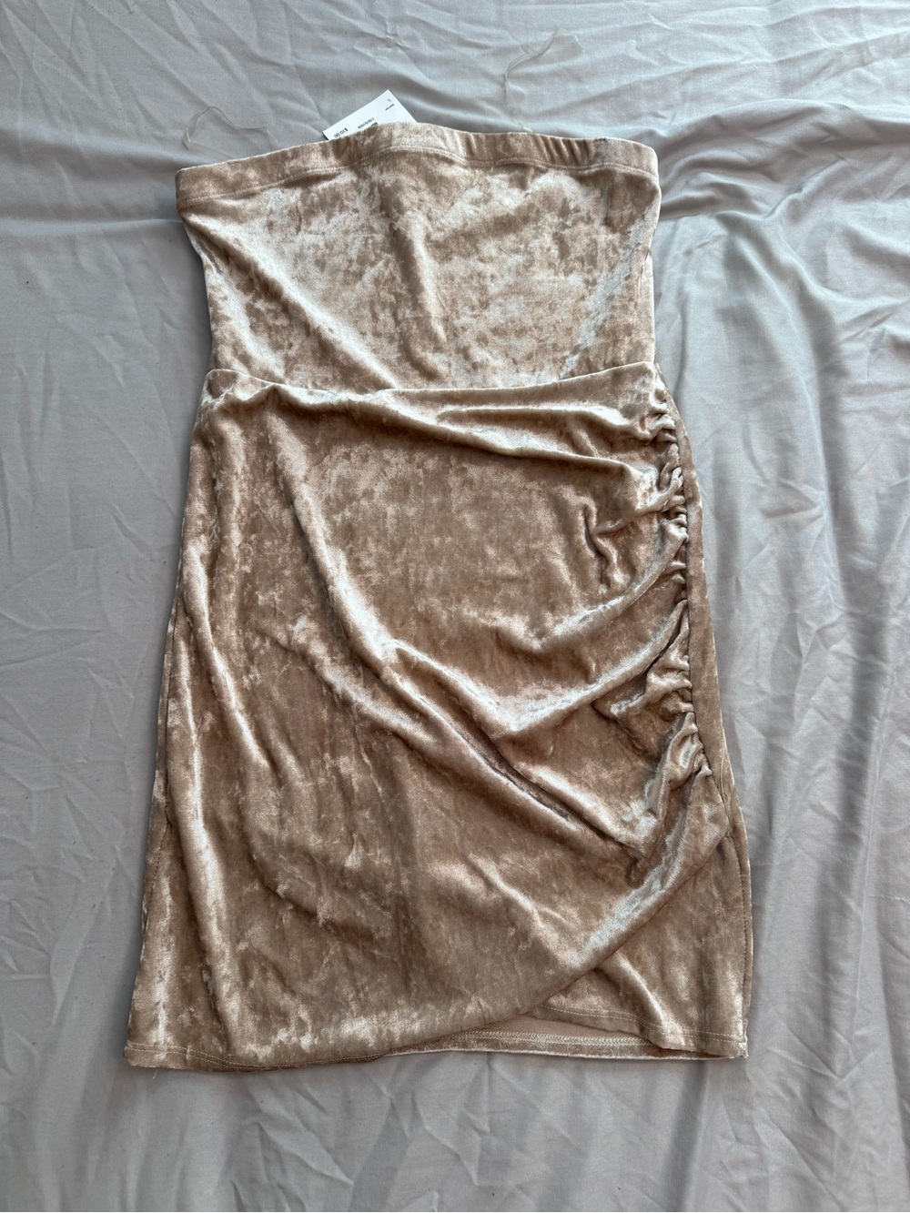 Love Culture Strapless Velvet Ruched Mini Dress in Taupe